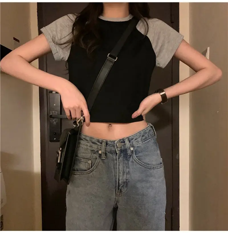 Women Korean Style Crop Top T-Shirt Grey Black 2025 — feature 12