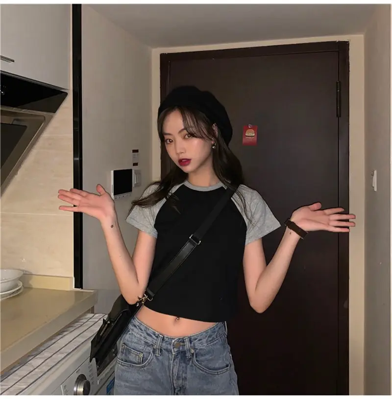 Women Korean Style Crop Top T-Shirt Grey Black 2025 — feature 14