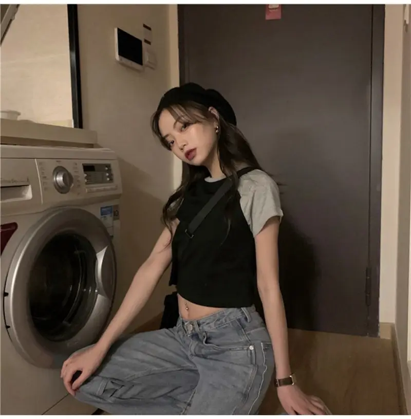 Women Korean Style Crop Top T-Shirt Grey Black 2025 — feature 15