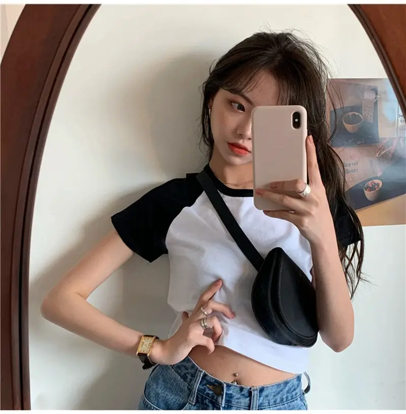 Women Korean Style Crop Top T-Shirt Grey Black 2025 — feature 16