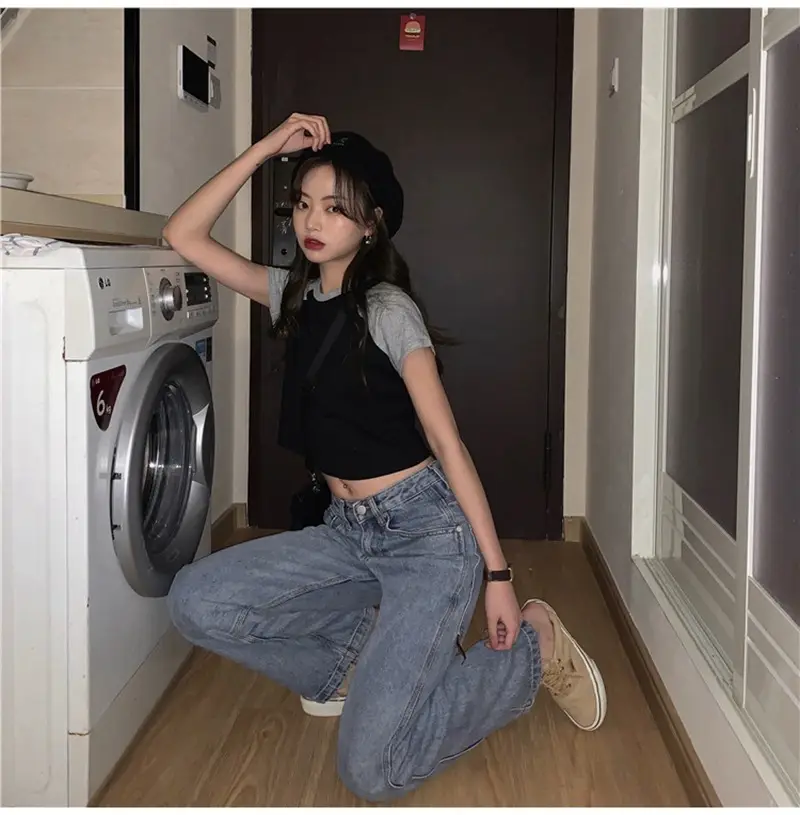 Women Korean Style Crop Top T-Shirt Grey Black 2025 — feature 17