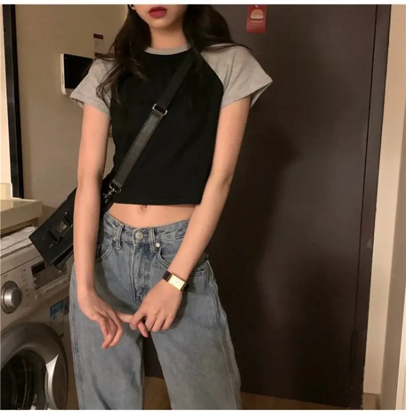 Women Korean Style Crop Top T-Shirt Grey Black 2025 — feature 2