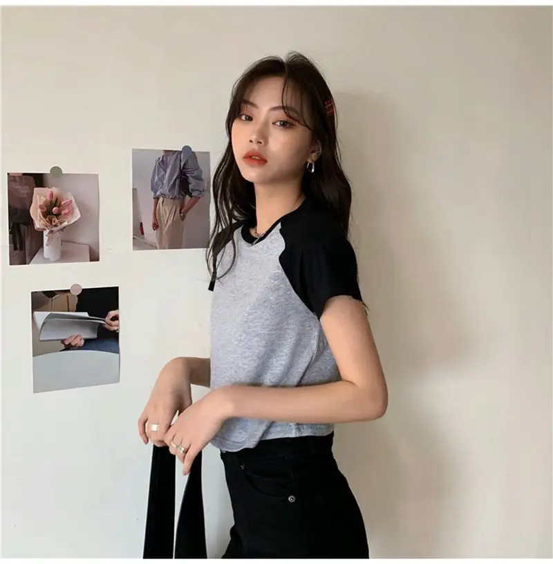 Women Korean Style Crop Top T-Shirt Grey Black 2025 — feature 23