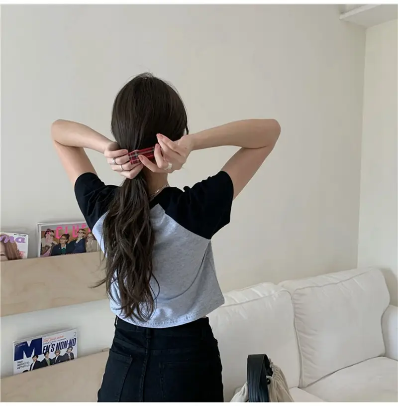 Women Korean Style Crop Top T-Shirt Grey Black 2025 — feature 25