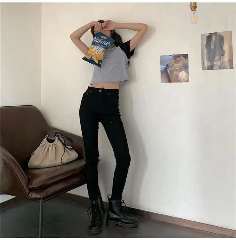 Women Korean Style Crop Top T-Shirt Grey Black 2025 — feature 26