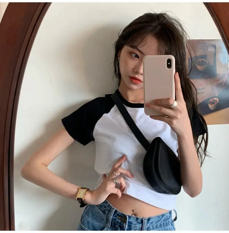 Women Korean Style Crop Top T-Shirt Grey Black 2025 — feature 27