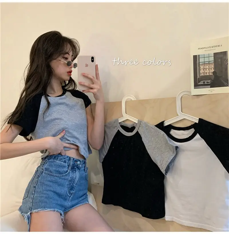 Women Korean Style Crop Top T-Shirt Grey Black 2025 — feature 3