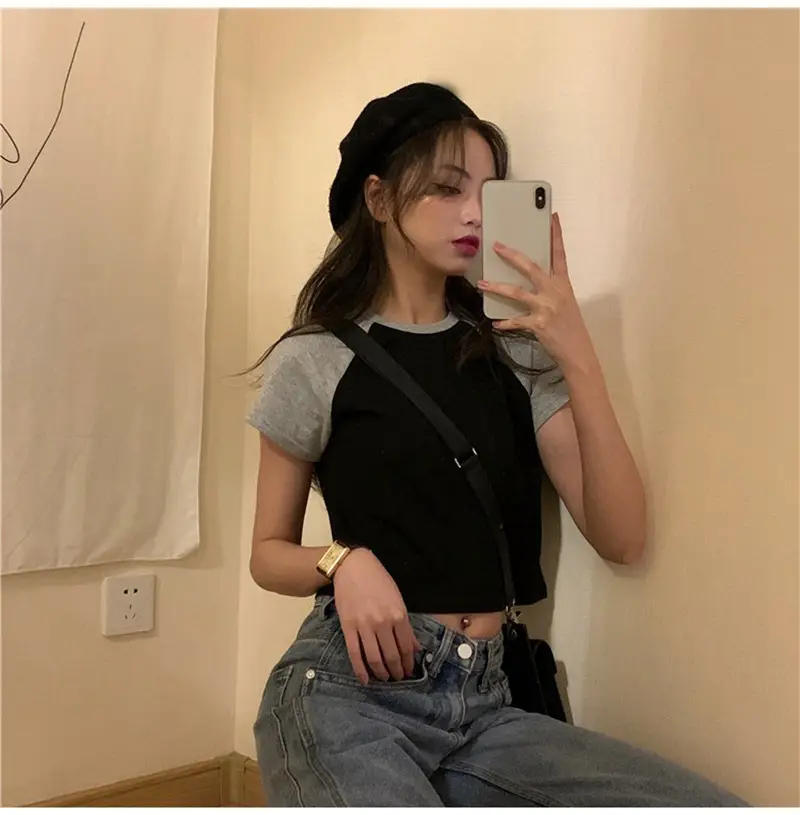 Women Korean Style Crop Top T-Shirt Grey Black 2025 — feature 5