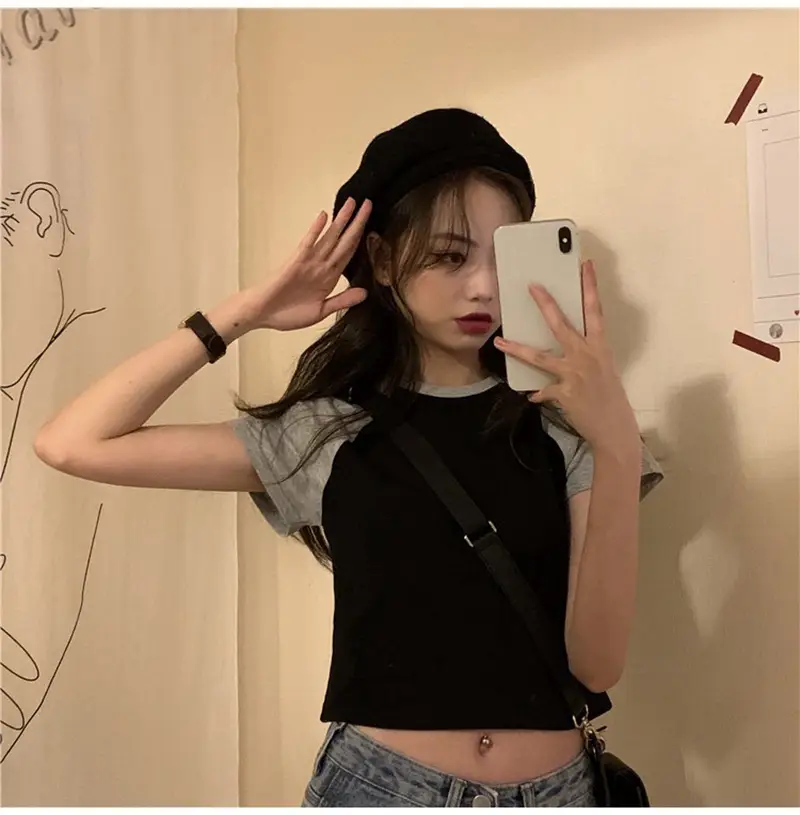Women Korean Style Crop Top T-Shirt Grey Black 2025 — feature 6