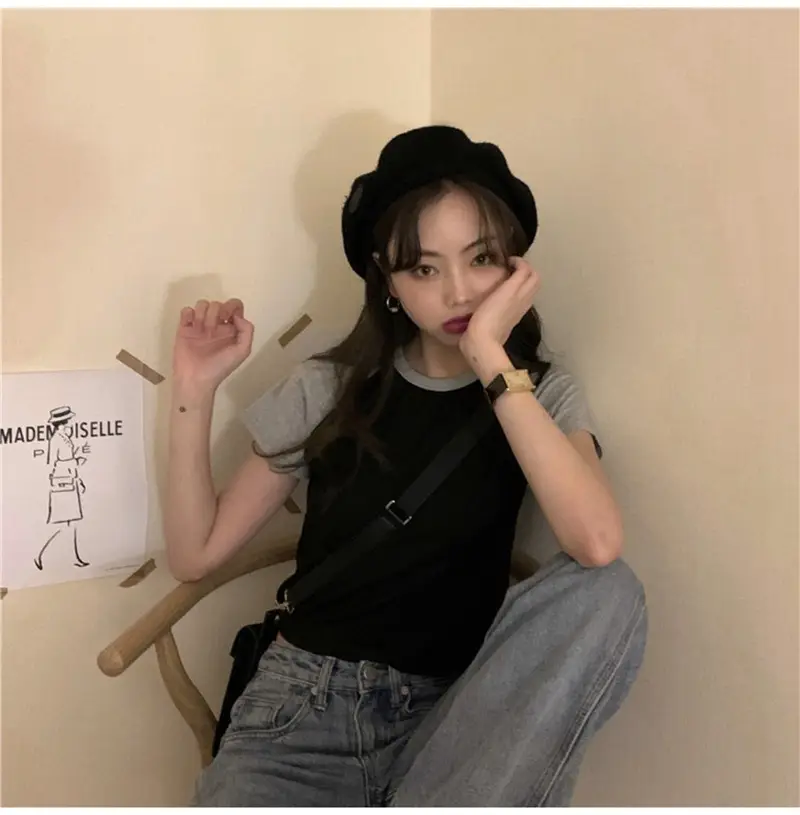 Women Korean Style Crop Top T-Shirt Grey Black 2025 — feature 7