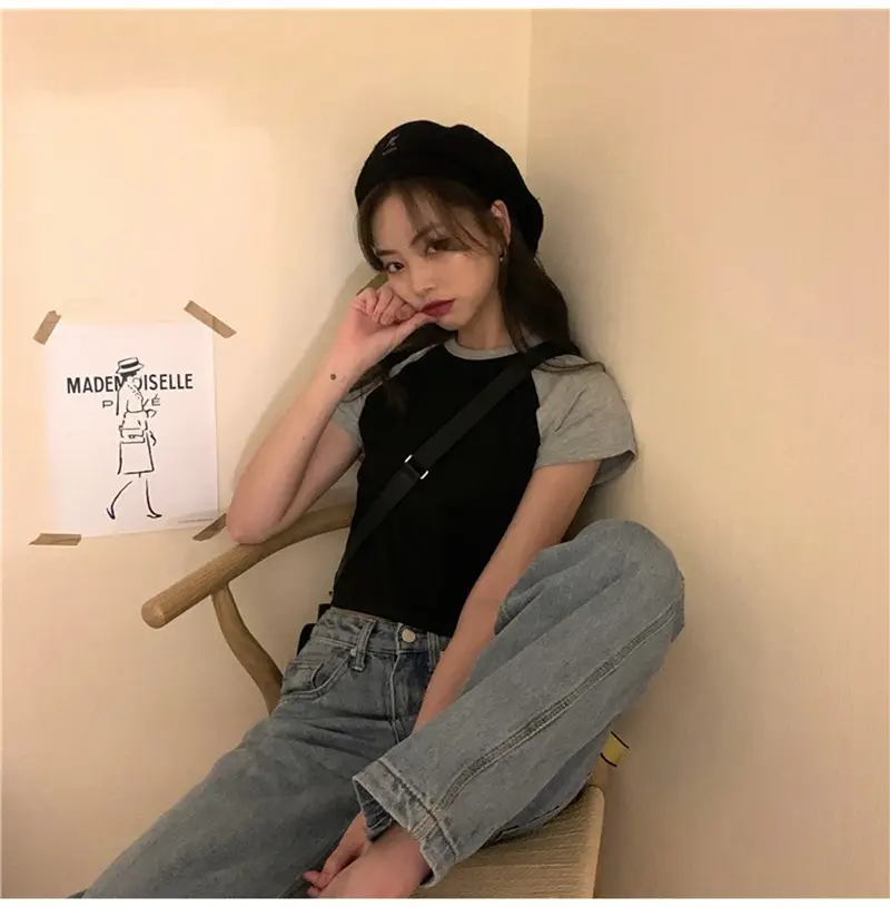 Women Korean Style Crop Top T-Shirt Grey Black 2025 — feature 8