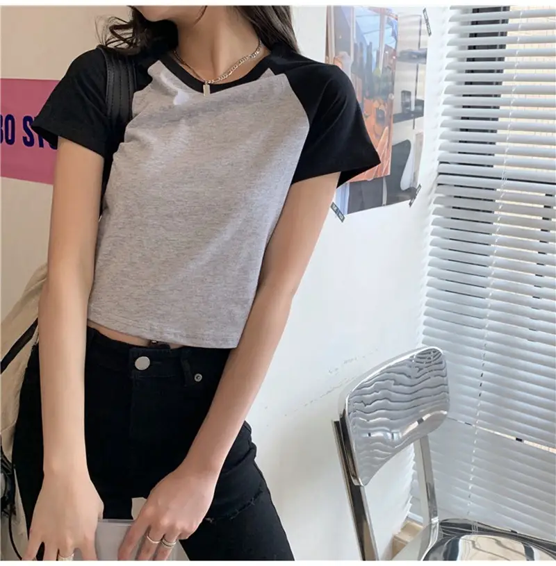 Women Korean Style Crop Top T-Shirt Grey Black 2025 - Image 2