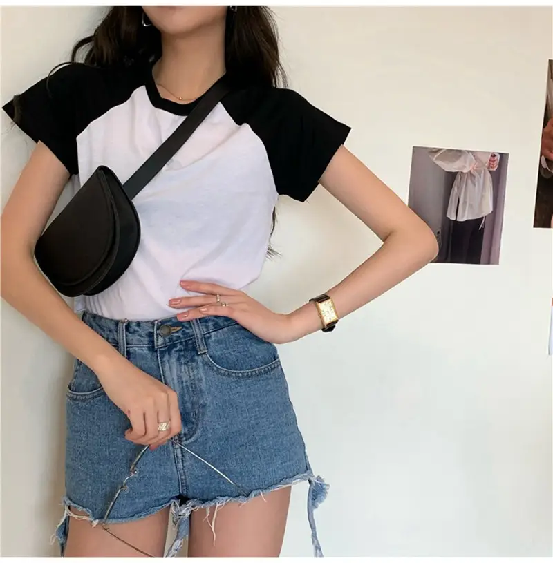 Women Korean Style Crop Top T-Shirt Grey Black 2025 - Image 3