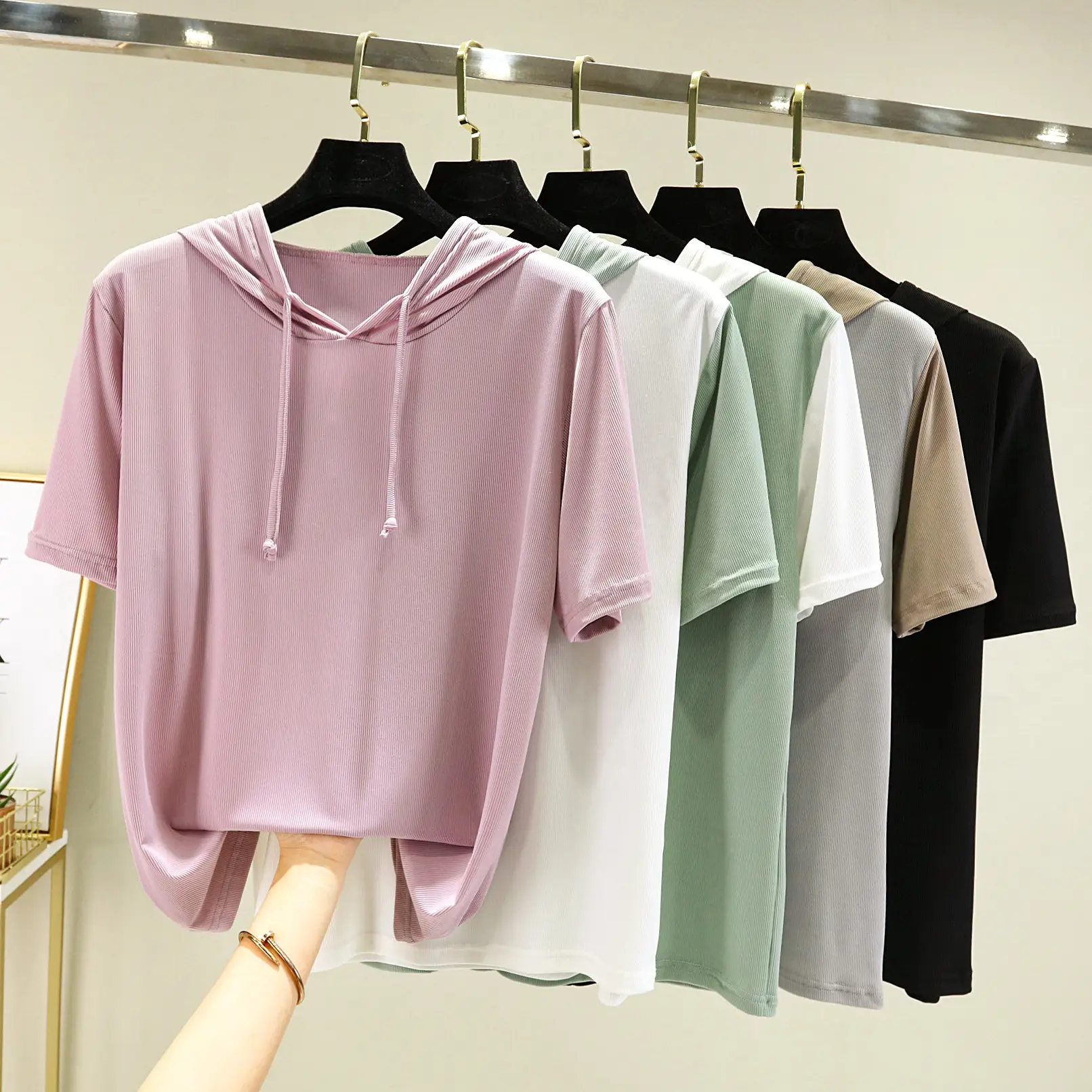Women Ice Silk Hooded Short Sleeve Contrast White Green
