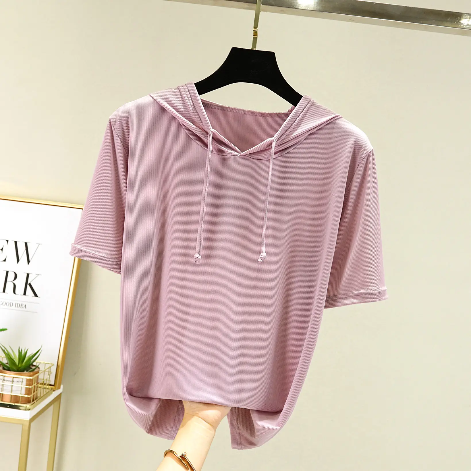 Women Ice Silk Hooded Short Sleeve Contrast White Green