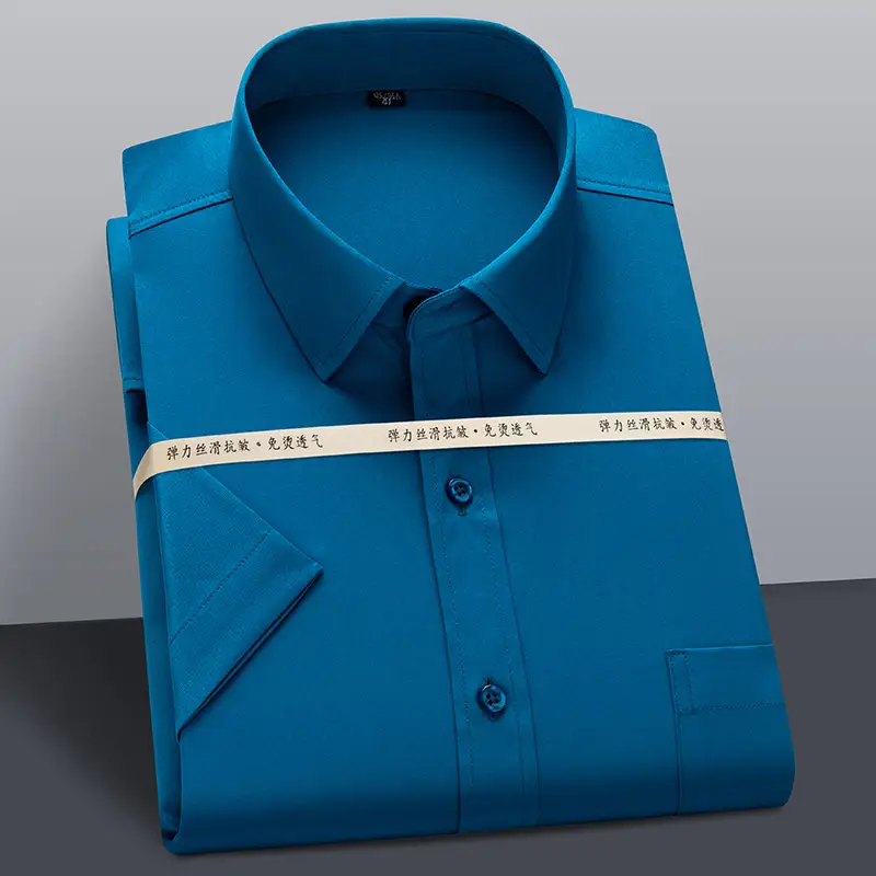 Men's Ice Silk Short Sleeve Shirt Blue Stretch Formal Wear