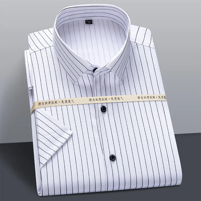 Men's Ice Silk Short Sleeve Shirt Blue Stretch Formal Wear