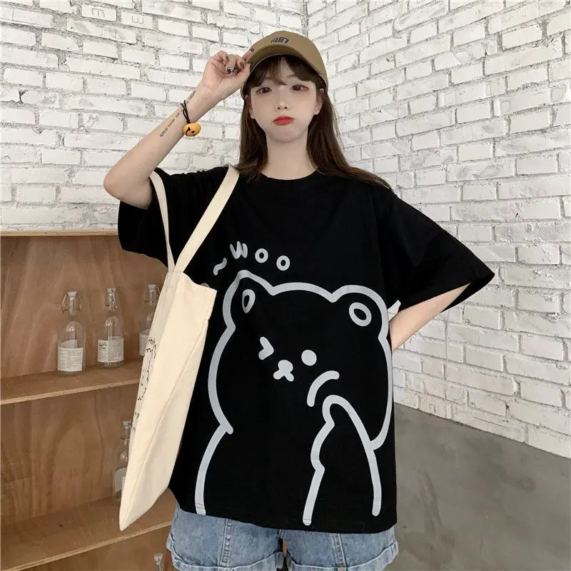 Cute Bear Print Short Sleeve T-Shirt Black - Image 6