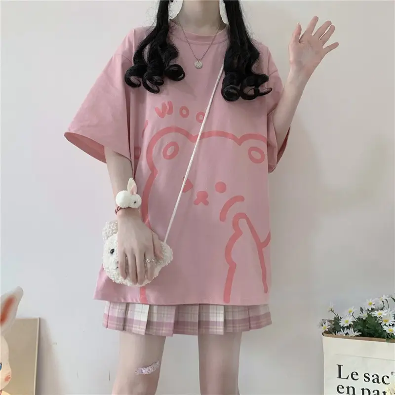 Cute Bear Print Short Sleeve T-Shirt Black - Image 8