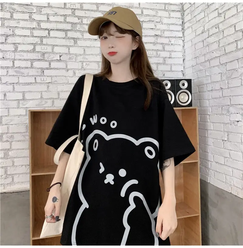 Cute Bear Print Short Sleeve T-Shirt Black — feature 19