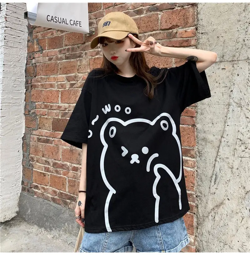 Cute Bear Print Short Sleeve T-Shirt Black — feature 20