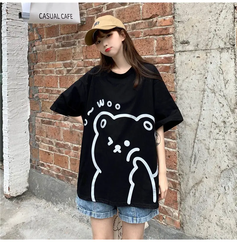 Cute Bear Print Short Sleeve T-Shirt Black — feature 21