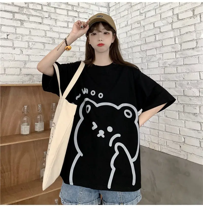 Cute Bear Print Short Sleeve T-Shirt Black — feature 22