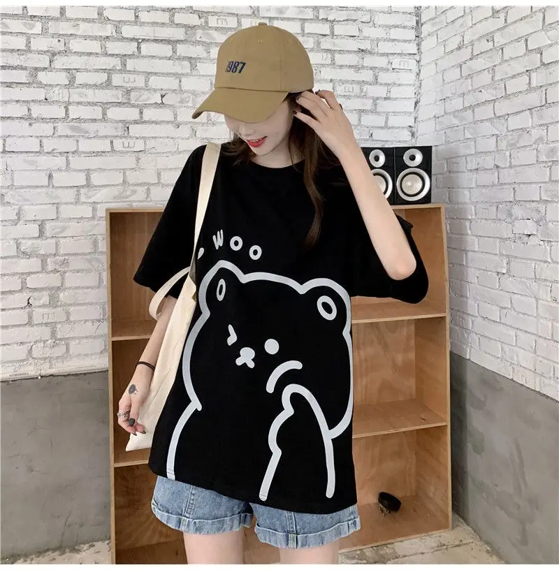 Cute Bear Print Short Sleeve T-Shirt Black — feature 23