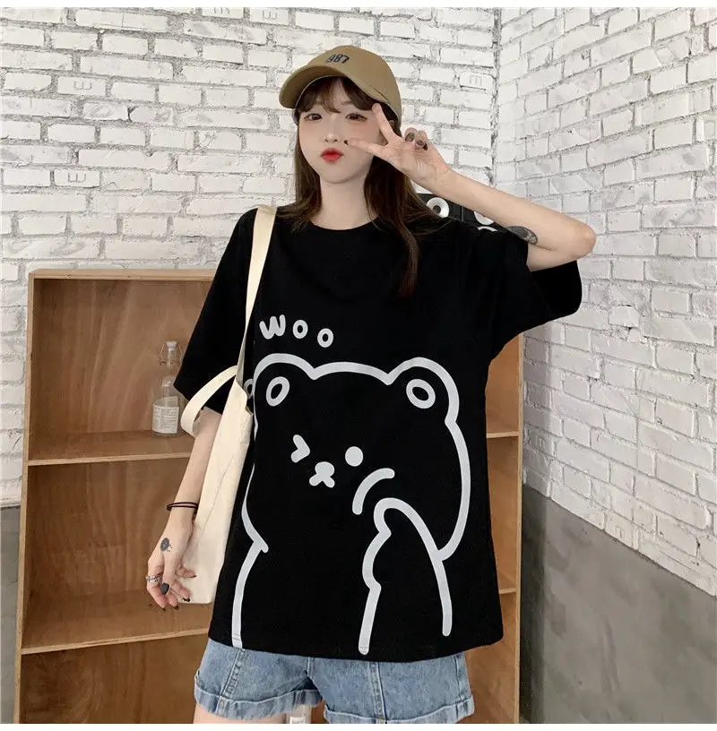 Cute Bear Print Short Sleeve T-Shirt Black — feature 24