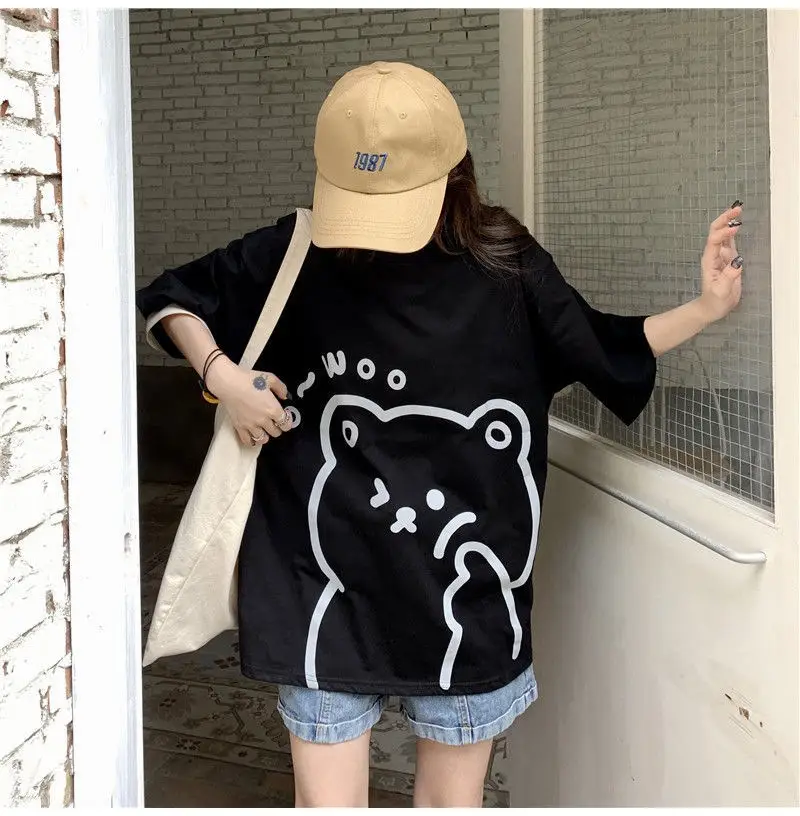 Cute Bear Print Short Sleeve T-Shirt Black — feature 25