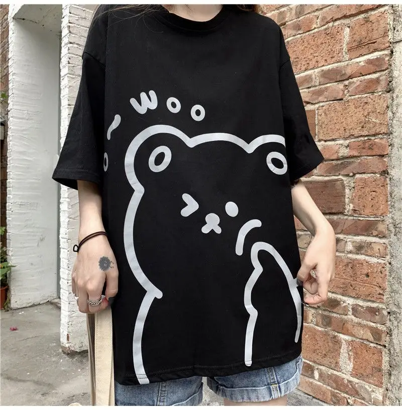 Cute Bear Print Short Sleeve T-Shirt Black — feature 26