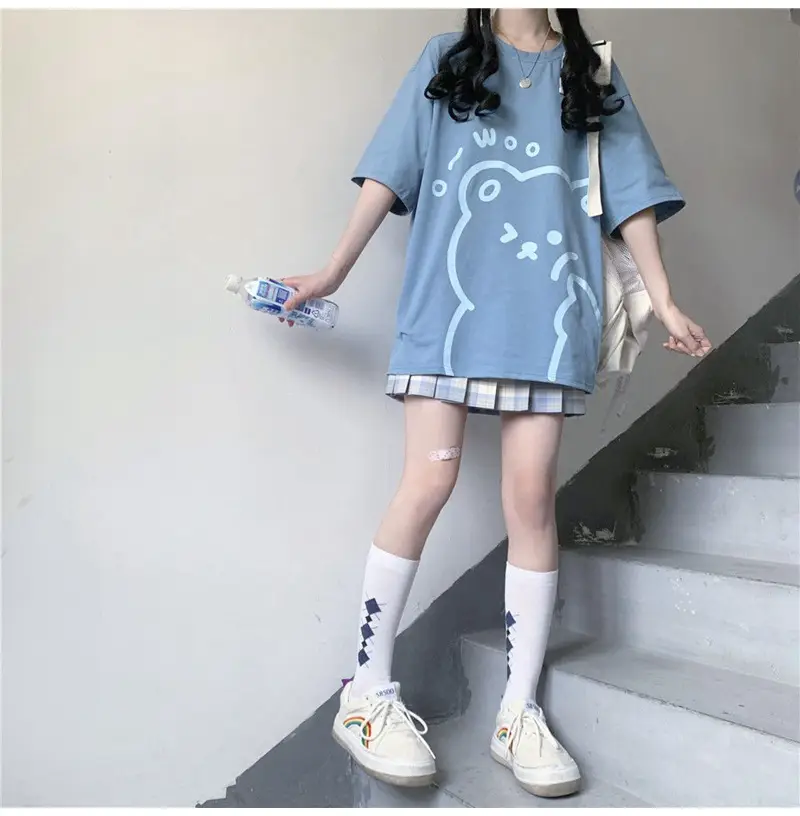 Cute Bear Print Short Sleeve T-Shirt Black — feature 8
