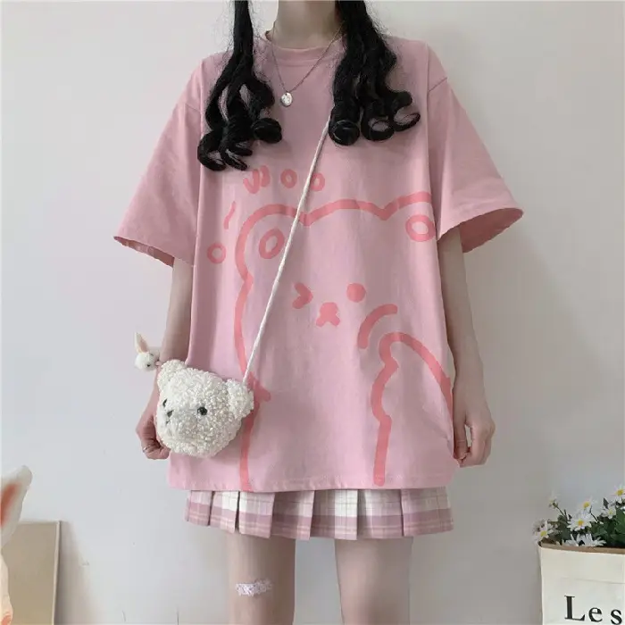 Cute Bear Print Short Sleeve T-Shirt Black - Image 2