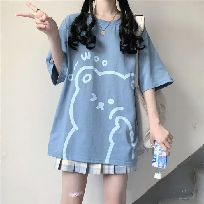 Cute Bear Print Short Sleeve T-Shirt Black - Image 3