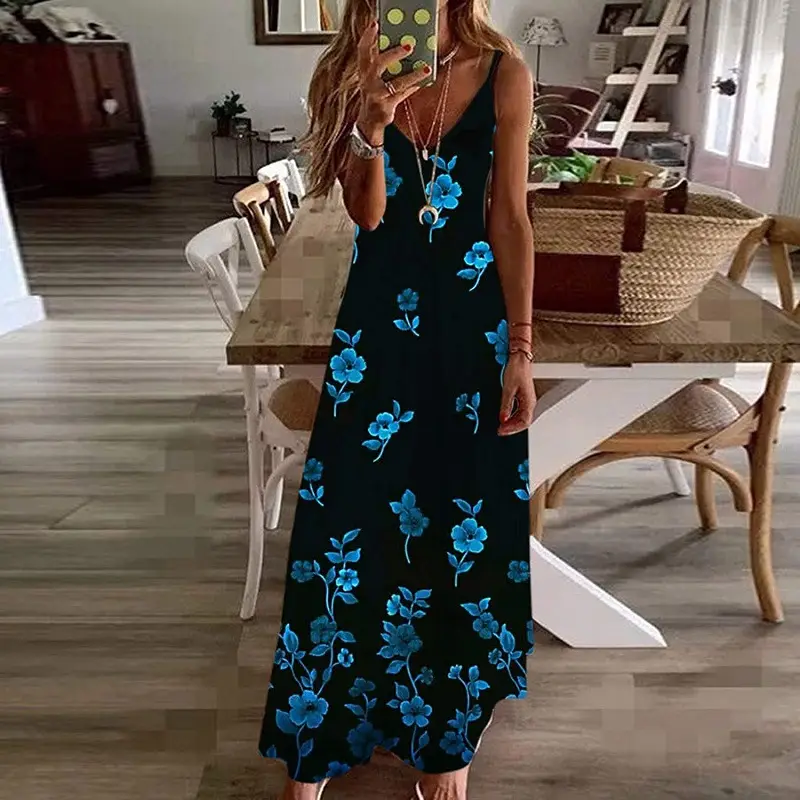Women Black Floral V-Neck Strap Dress