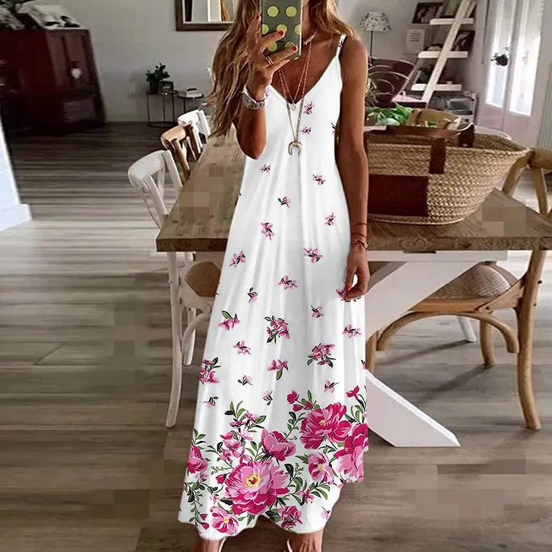 Women Black Floral V-Neck Strap Dress
