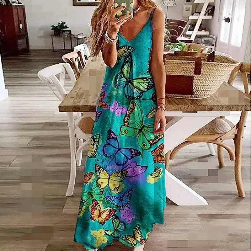Women Black Floral V-Neck Strap Dress