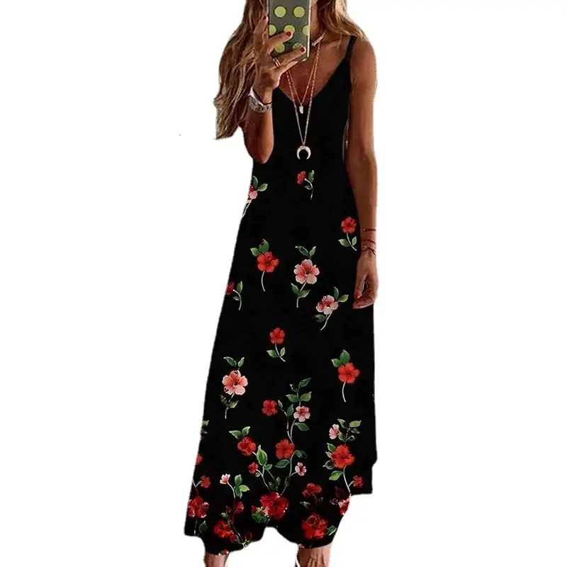Women Black Floral V-Neck Strap Dress