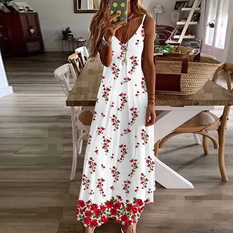 Women Black Floral V-Neck Strap Dress