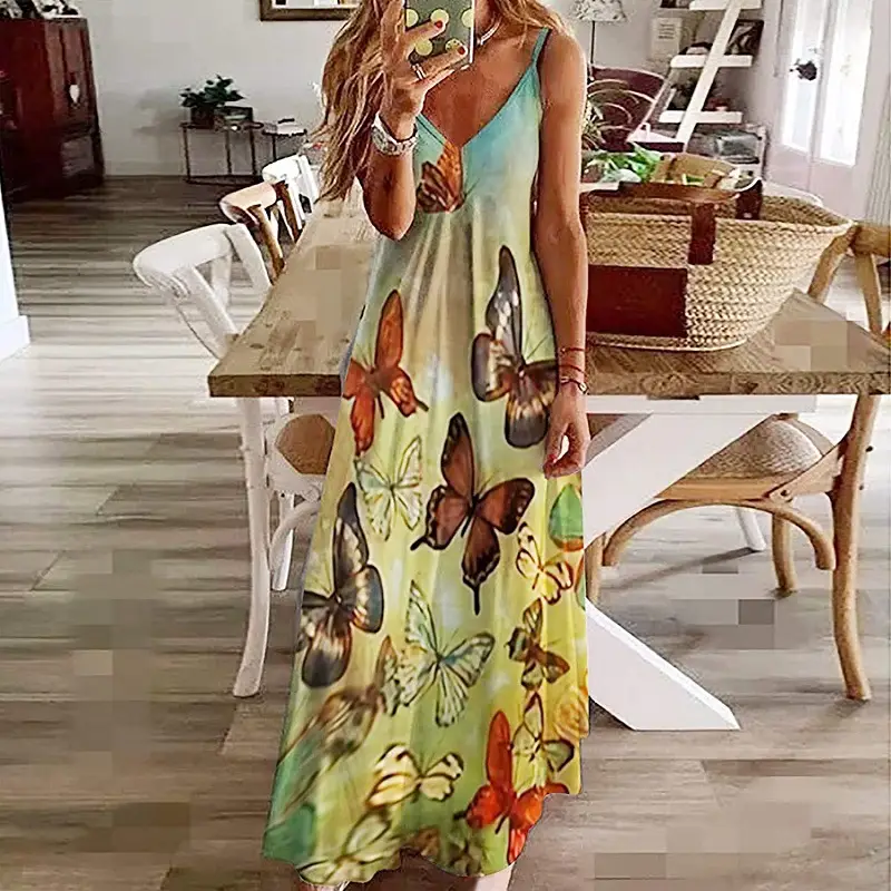 Women Black Floral V-Neck Strap Dress