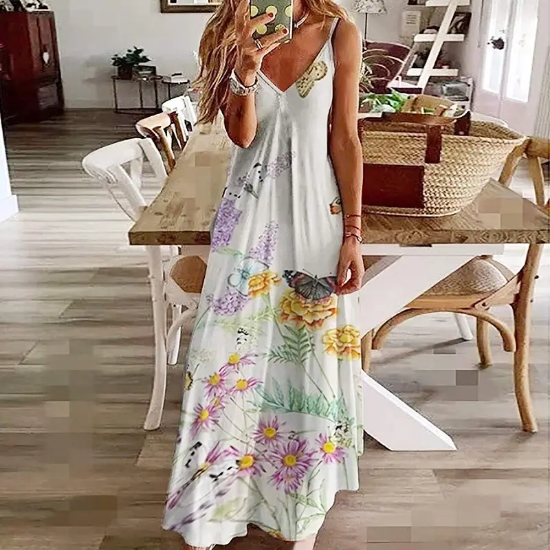 Women Black Floral V-Neck Strap Dress