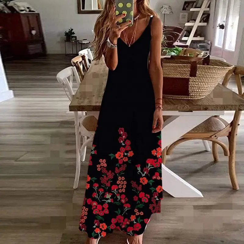 Women Black Floral V-Neck Strap Dress