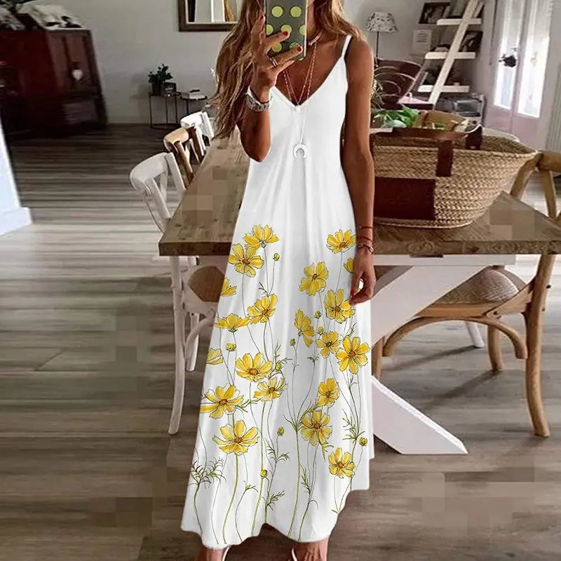 Women Black Floral V-Neck Strap Dress