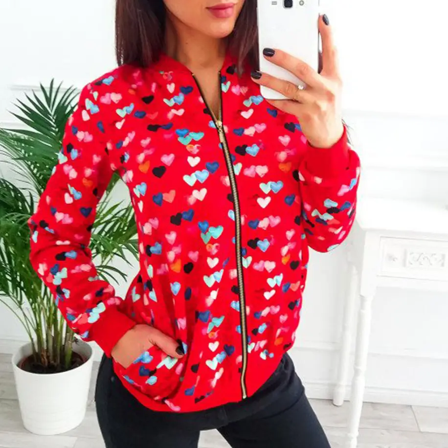 Red Heart Print Zipper Jacket for Women - Image 11