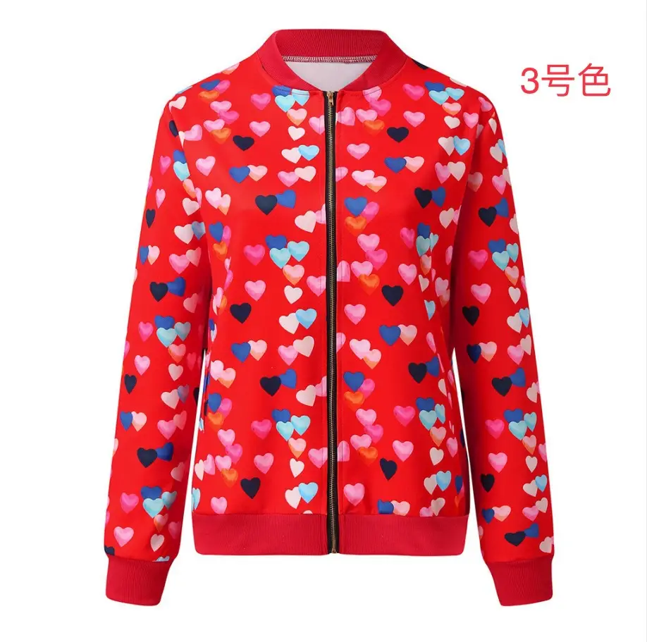Red Heart Print Zipper Jacket for Women - Image 3