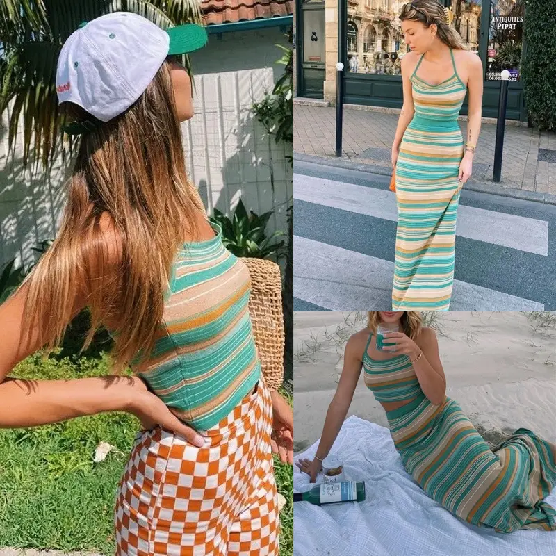 Striped Long Skirt Knitted Top Set for Women