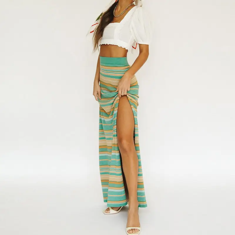 Striped Long Skirt Knitted Top Set for Women