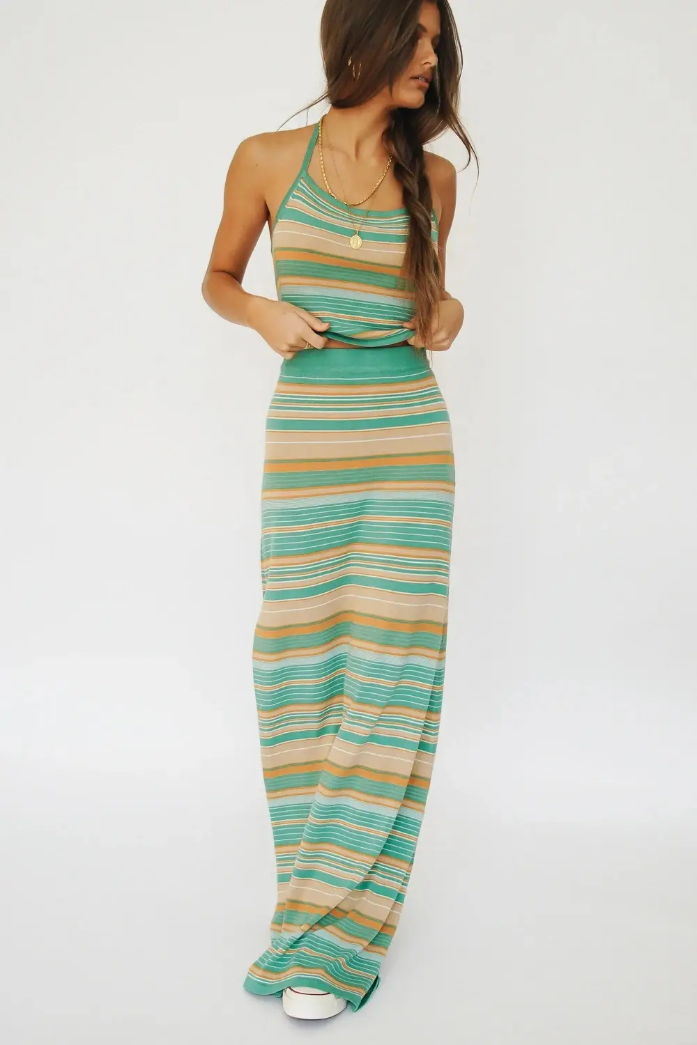 Striped Long Skirt Knitted Top Set for Women