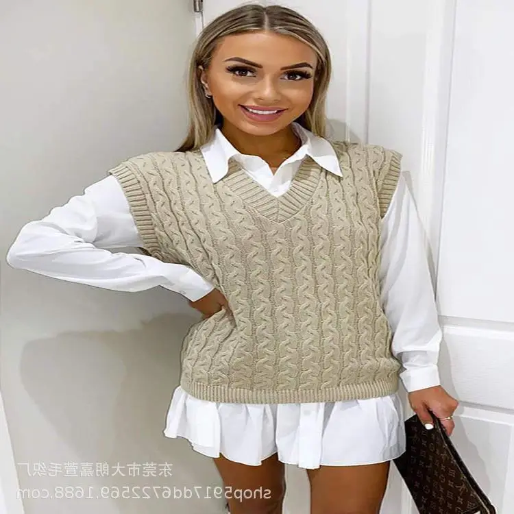 Black Knit V-Neck Sleeveless Vest with White Shirt - Image 7