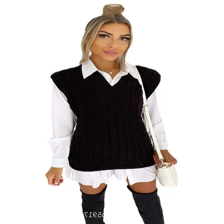 Black Knit V-Neck Sleeveless Vest with White Shirt - Image 9